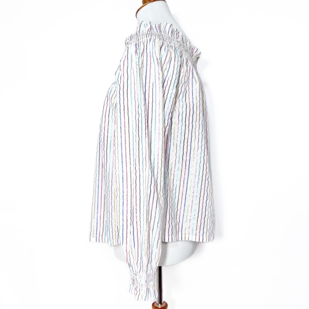 Boden Metallic Colorful Stripe Off The Shoulder Smocked 3/4 Sleeve Peasant Top S - Picture 7 of 13